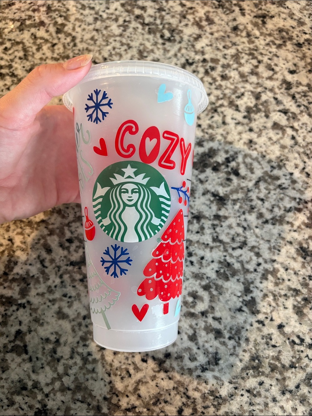 Starbucks Holiday 'Cozy' Reusable Cup - White with Red, Green & Blue Accents